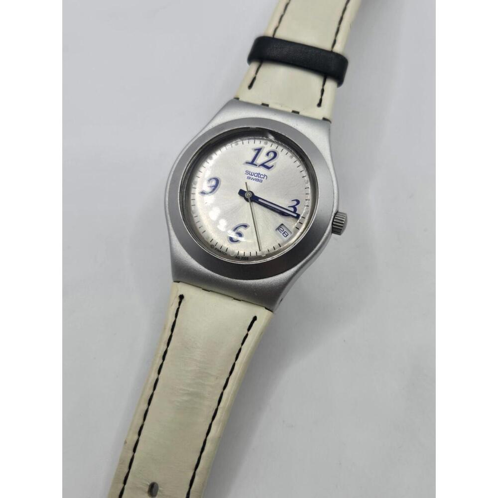 Swatch Women's Silver Case White Strap Watch with Blue Accents